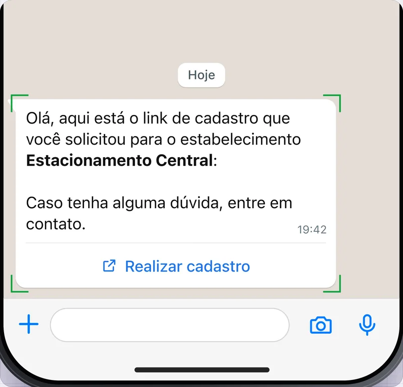 Mensagem no WhatsApp com o link de cadastro e o botão Realizar cadastro