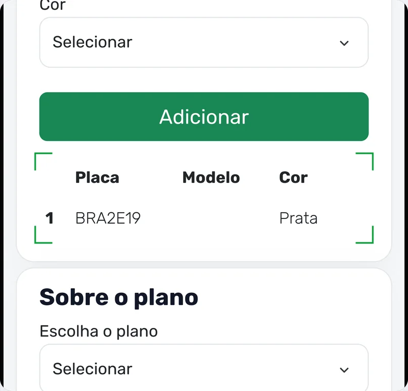 Formulário de cadastro: veículo adicionado com placa e cor