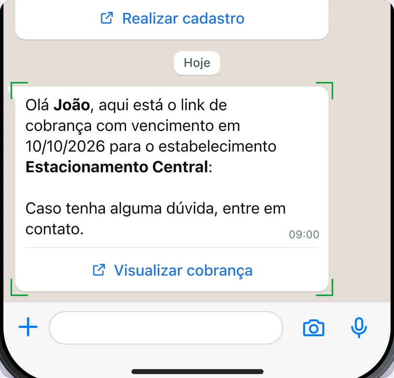 Mensagem no WhatsApp com o link de cobrança, o vencimento e o botão Visualizar cobrança