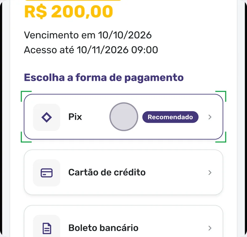 Detalhes da cobrança: escolha da forma de pagamento entre Pix, cartão de crédito e boleto bancário