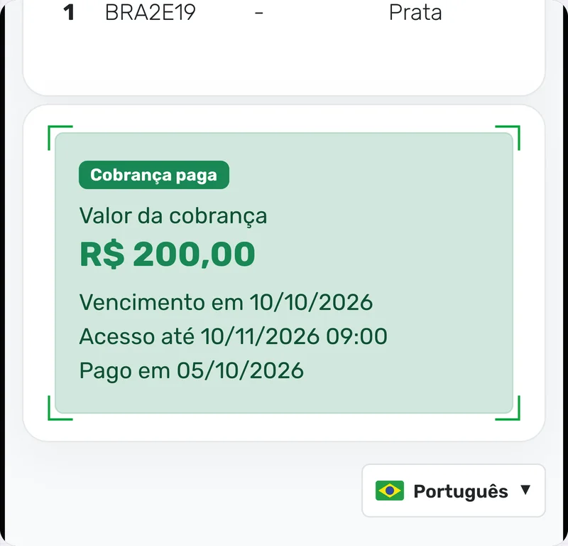 Detalhes da cobrança com o selo Cobrança paga, o valor e a data do pagamento
