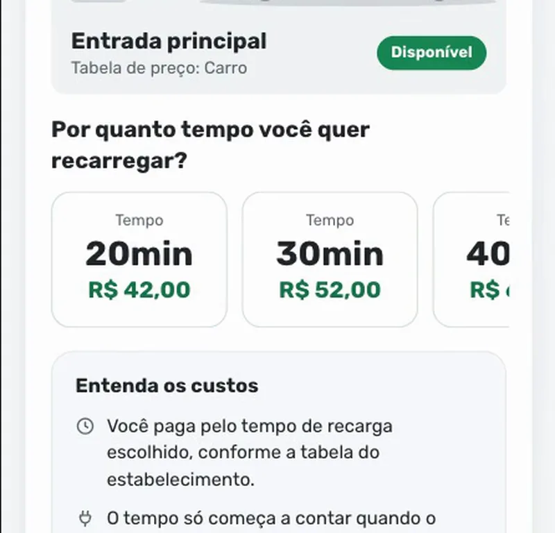 Opções de tempo de recarga com o valor de cada uma