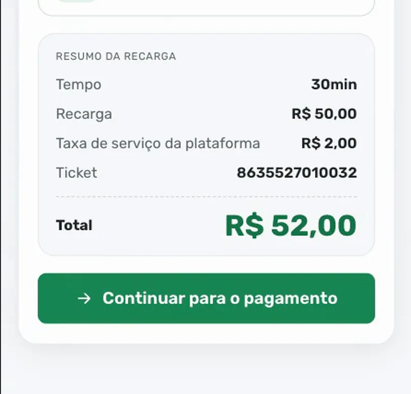 Resumo da recarga com tempo, valor e total