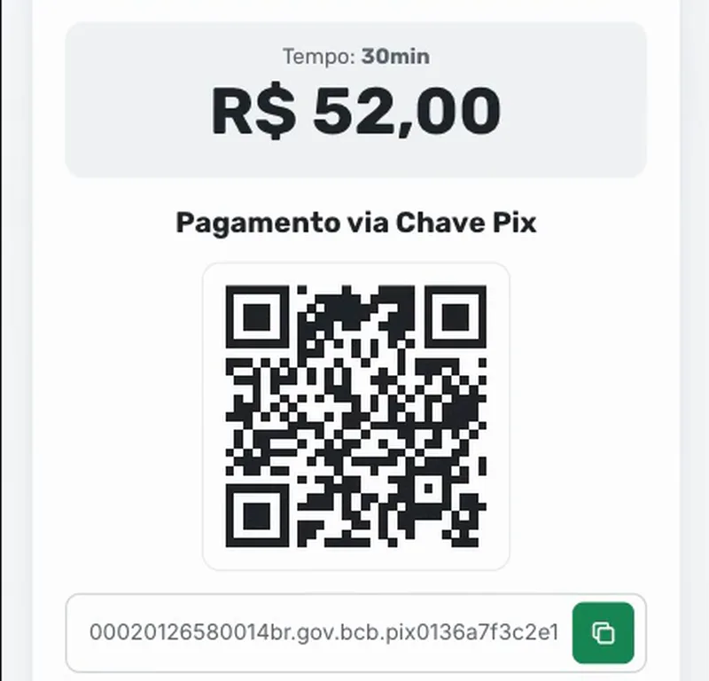 Tela de pagamento via Chave Pix com o valor da recarga