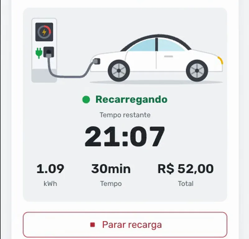Tela de recarga em andamento com o tempo restante e a energia