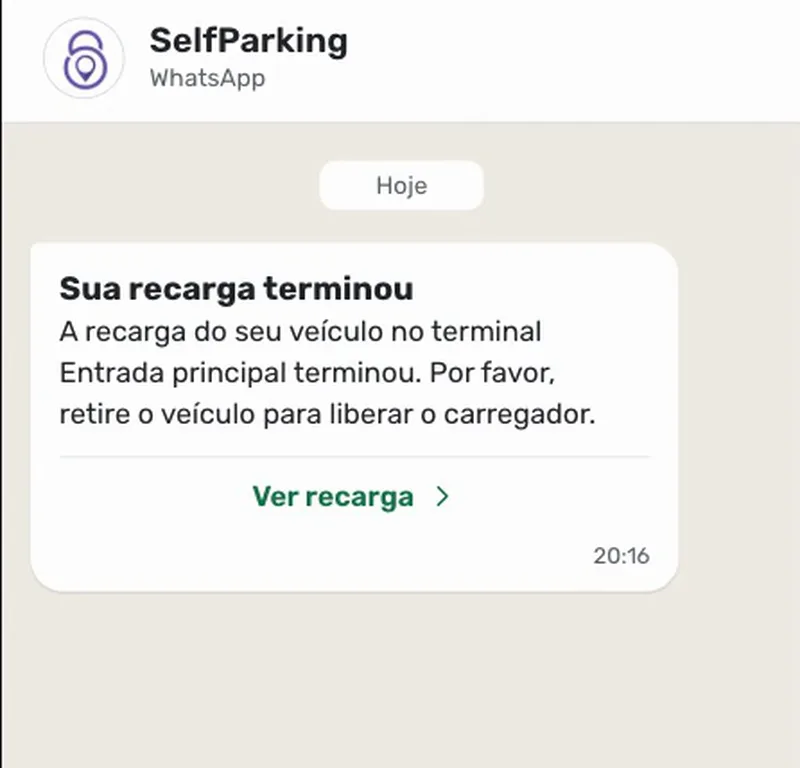 Mensagem no WhatsApp avisando que a recarga terminou
